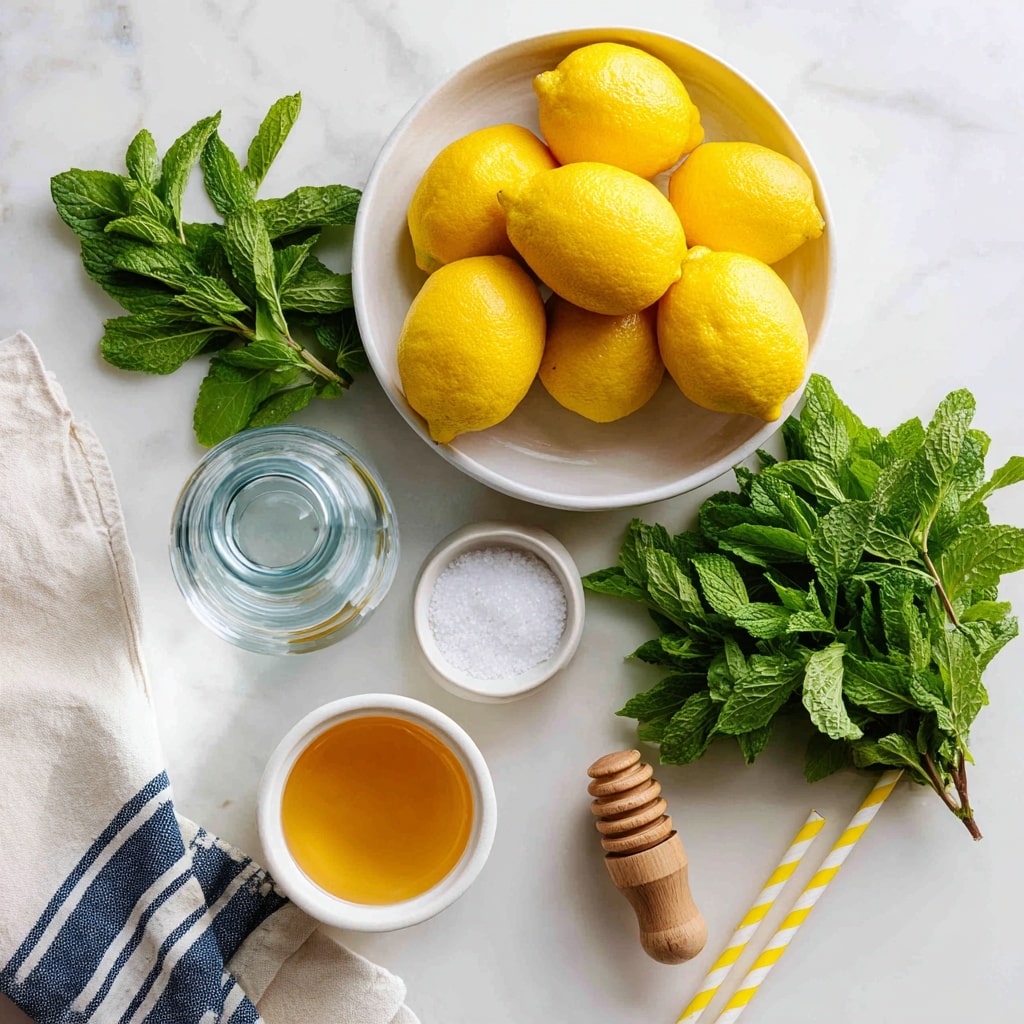 A white bowl filled with bright yellow lemons sits on the top left of a white marbled surface. To the right, there is a bunch of fresh green mint leaves, along with a small white bowl containing a bit of salt. Below, a clear glass bottle filled with water is positioned on the left, and next to it is a small white cup filled with golden honey. Yellow and white striped straws lie on the bottom right, while a wooden lemon squeezer is placed near the mint. A white cloth with thin navy blue stripes is partially visible at the bottom left. Photo taken with an iphone --ar 4:5 --v 7