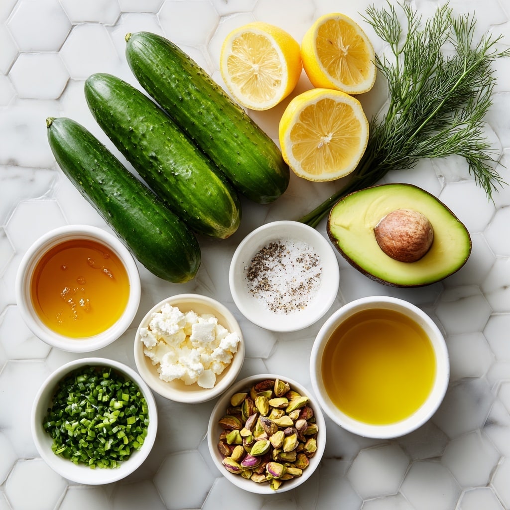 The image shows a top-down view of fresh ingredients arranged neatly on a white marbled hexagonal tiled surface. In the center, four whole cucumbers are placed side by side, dark green and smooth. Above them, two lemon halves are bright yellow with visible juice textures. To the right, a halved avocado displays its light green creamy inside and a dark brown pit in one half. Small white bowls surround the main ingredients: one with golden olive oil, one with crumbled white feta cheese, one with peeled garlic cloves, one with honey which is amber and shiny, one with chopped green chives mixed with dill, and one with chopped pistachios that show green and brown bits. There is also a white bowl holding smooth Dijon mustard that is pale yellow and a small white plate with salt and black pepper showing coarse white grains and fine black flakes. The setup is clean and bright, with a fresh and natural feel. Photo taken with an iphone --ar 4:5 --v 7