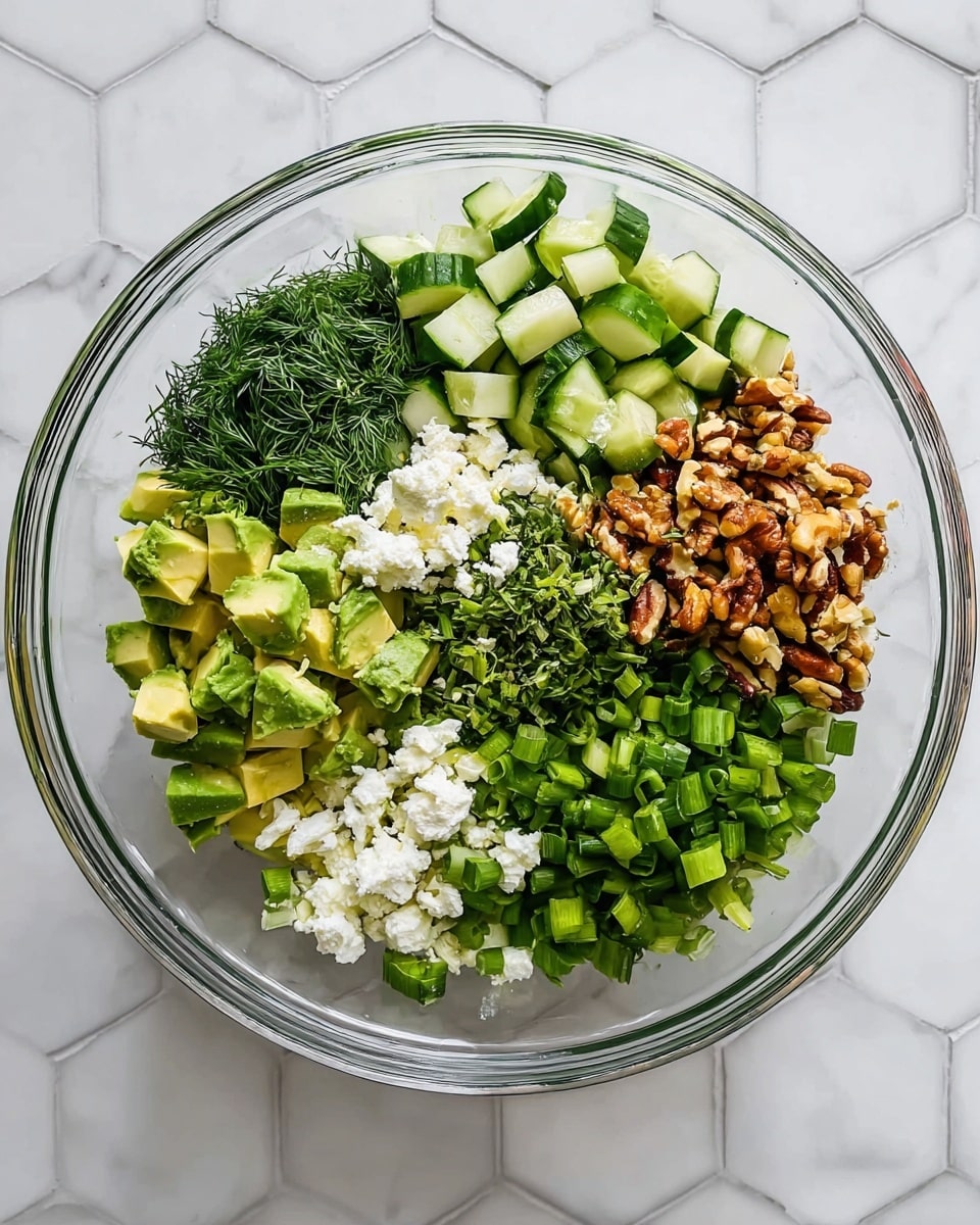 A clear glass bowl sits on a white marbled hexagonal tile surface, filled with six distinct layers of fresh ingredients arranged side by side in separate sections. One section has bright green chopped cucumbers with a firm, slightly shiny texture. Next to it is a portion of coarsely chopped nuts in various warm brown and golden tones. There is also a pile of finely chopped fresh dill, showing soft, feathery dark green leaves. Adjacent is a section of crumbled white cheese with a crumbly texture. Bright green chunks of avocado with smooth surfaces fill another part of the bowl. The final section contains chopped green onions with a slight gloss, completing the mix of fresh, earthy colors and textures. photo taken with an iphone --ar 4:5 --v 7