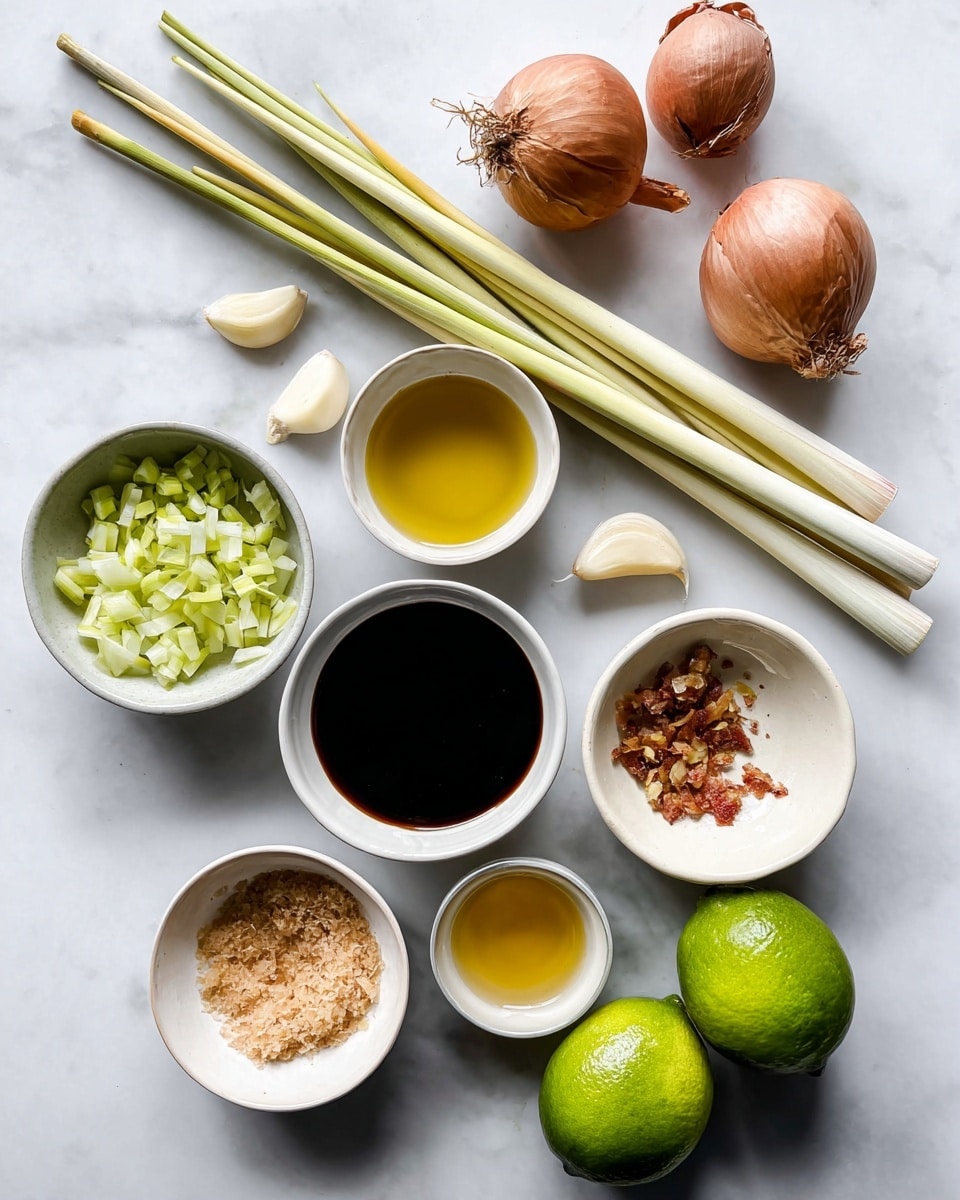 The image shows an arrangement of cooking ingredients on a white marbled surface. There are two whole lemongrass stalks lying horizontally near the top center, with three brown shallots placed nearby on the right side. To the left, there are four garlic cloves scattered. Below the lemongrass, a small white bowl holds light green chopped lemongrass pieces. Surrounding this are five small white bowls holding different ingredients: golden oil, dark soy sauce, light brown liquid, brown sugar, and finely chopped shallots. At the bottom right, two green limes are placed, one of which is cut in half to reveal the pale green interior. The overall setup is clean, bright, and organized. photo taken with an iphone --ar 4:5 --v 7