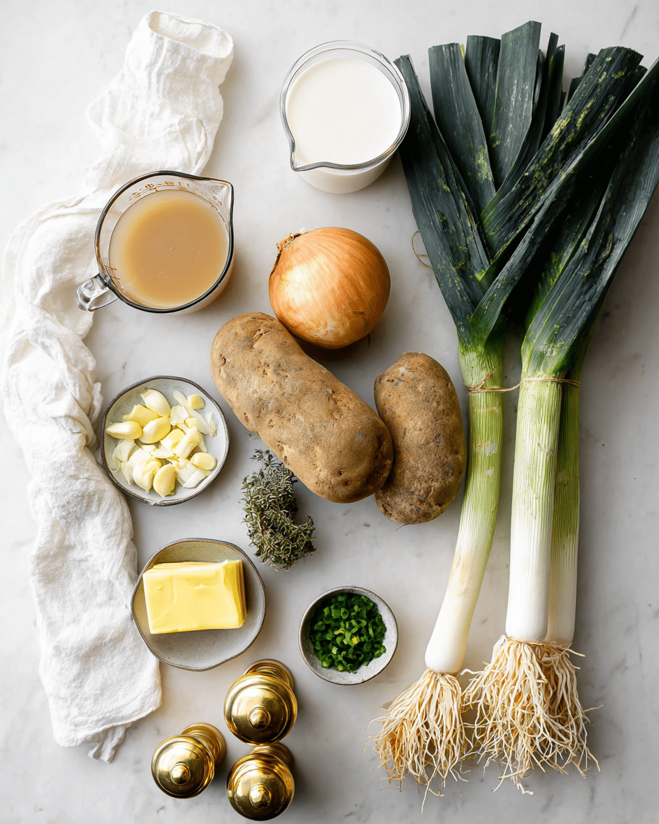 The image shows a group of fresh ingredients carefully laid out on a white marbled surface. There are two large, rough brown potatoes placed near the center, with a whole yellow onion positioned nearby to the left. A bunch of dark green leeks with white bases and tangled roots lies diagonally across the right side. Near the bottom left corner, small bowls hold several peeled garlic cloves, a small block of yellow butter, and chopped green chives. On the top left side, a clear glass measuring cup is filled with light brown broth, while a smaller clear cup nearby contains white milk. A small container with dried green herbs is placed close to the potatoes, and another small clear cup filled with cream or heavy white liquid is nearby. The overall setting is clean and bright, with a white cloth partially visible in the lower left corner, and two shiny gold-colored pepper mills lying across the bottom right area. Photo taken with an iphone --ar 4:5 --v 7