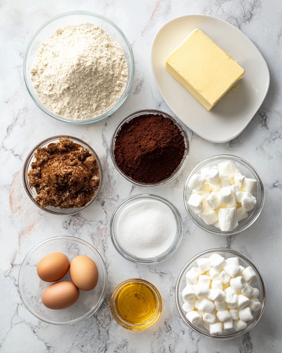 Several ingredients are laid out on a white marbled surface. There is a mound of light beige flour in a clear glass bowl near the top left, next to a solid block of pale yellow butter on a white plate to the right. Below the flour is a bowl of rich dark brown cocoa powder, and to its left a bowl filled with clumped light brown sugar. Beneath the cocoa powder and sugar is a separate bowl of white sugar. Small glass bowls containing white salt and baking powder are placed nearby. In the bottom right area, a bowl of small white marshmallows is visible, with a single brown egg and a small clear bowl of golden liquid near the bottom left. photo taken with an iphone --ar 4:5 --v 7