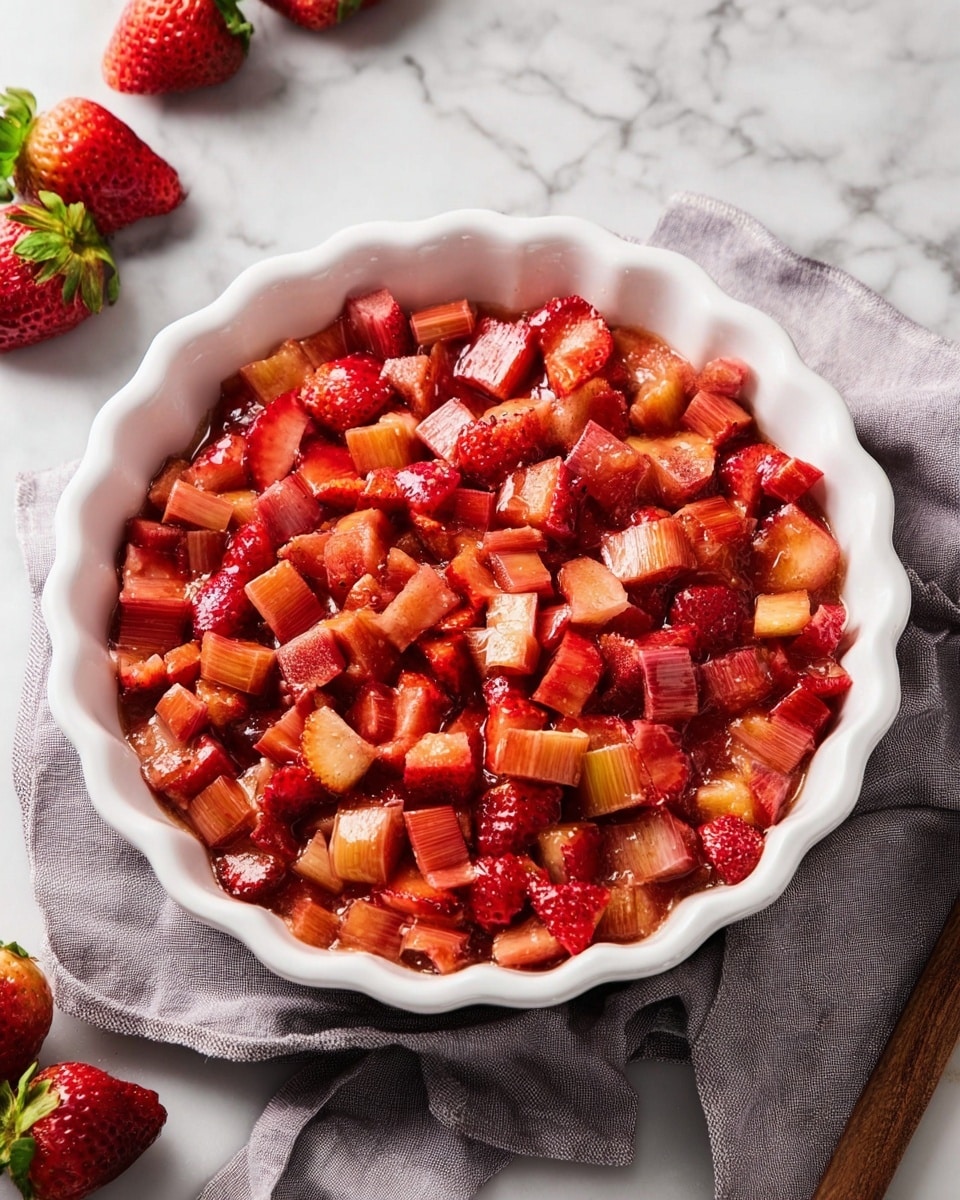 A white pie dish with wavy edges holds a single layer of mixed fruit pieces, mainly bright red strawberries and pinkish rhubarb chunks. The fruits are cut into small, uneven cubes showing different shades of red, pink, and a little yellow, all coated lightly in a shiny glaze. The dish sits on a white marbled surface, and a grey cloth is casually placed to the left with a few whole strawberries nearby. Photo taken with an iphone --ar 4:5 --v 7