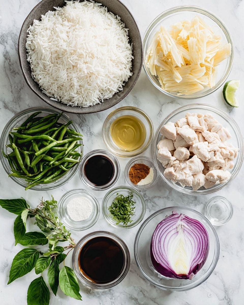 The image shows a flat lay of fresh and prepared ingredients on a white marbled surface. There is a large dark bowl filled with soft white cooked rice, next to a clear glass bowl containing light yellow sliced bamboo shoots. Below are several small clear glass bowls holding dark brown sauce, green beans, white and light brown powders, oil, and coconut milk. In the center, a clear glass bowl holds chopped white chicken pieces. To the right is half a red onion with bright purple layers. Fresh green basil leaves and lime leaves with small stems are scattered on the bottom left side. All items are neatly arranged and well-lit, creating a clean and fresh cooking setup photo taken with an iphone --ar 4:5 --v 7