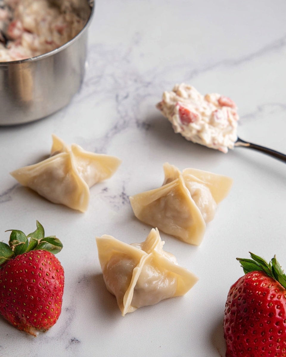 The image shows five small folded dumplings with a light beige color and smooth texture placed on a white marbled surface. Near the dumplings, there is a silver spoon holding a creamy mixture with small red pieces, likely strawberries. At the bottom of the image, three fresh strawberries with green leaves are visible, adding a pop of bright red color. The dumplings have four pointed corners pinched together. The lighting is soft, highlighting the details of the dumplings and the texture of the strawberry mixture. Photo taken with an iphone --ar 4:5 --v 7