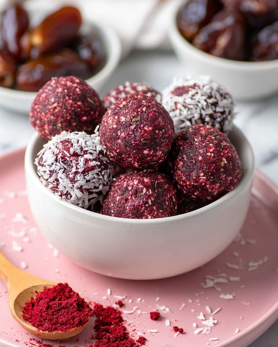 A white bowl filled with round dark red energy balls, some of which are coated with white shredded coconut, adding a textured top layer. The energy balls have a grainy, rough surface with little bits of seeds visible inside. The bowl sits on a pink plate, with a wooden spoon lying in front, holding crushed red powder with some scattered around. In the background, a white bowl contains whole dates, all placed on a white marbled surface. The overall look is fresh and colorful with a focus on the rich red and white tones of the energy balls. photo taken with an iphone --ar 4:5 --v 7