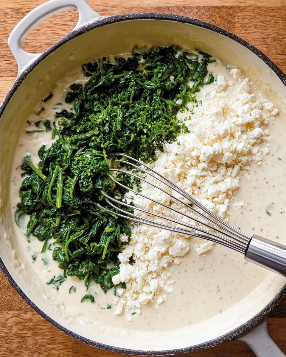 The image shows a white cast iron skillet filled with a creamy white sauce covering the bottom layer. On top of the creamy sauce, there are two distinct piles: one side has bright green chopped spinach, and the other side has soft white crumbled cheese. A silver whisk with four prongs is resting inside the skillet, partially submerged in the sauce near the cheese and spinach. The skillet is placed on a wooden surface, which should be imagined as a white marbled texture instead. Photo taken with an iphone --ar 4:5 --v 7