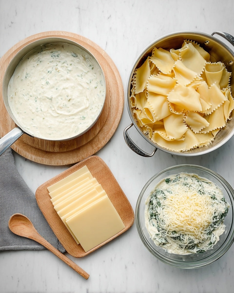 The image shows four main items arranged on a white marbled surface: on the top left, a cooking pan with a spoon handle resting on a round wooden board, filled with creamy white sauce that has green herb specks and a smooth texture; on the top right, a metal pot filled with wide, pale yellow pasta sheets folded irregularly; below the pot in the bottom center, two neat stacks of round, thin pale yellow cheese slices; and on the bottom right, a clear glass bowl filled with a creamy white mixture with visible green spinach leaves and shredded texture, likely a filling. A wooden spoon rests on a gray cloth near the bottom left corner. photo taken with an iphone --ar 4:5 --v 7