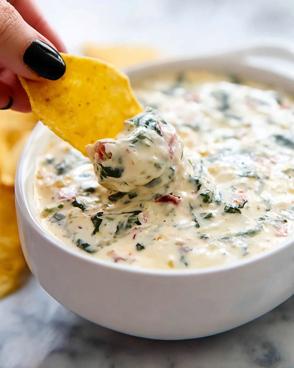 A white bowl filled with creamy, thick dip that has visible small pieces of green leafy vegetables and bits of red surrounded by the smooth off-white base. A woman's hand with black nail polish holds a yellow chip dipped in the creamy mixture, showing the texture of the dip clinging to the chip. The whole scene rests on a white marbled surface with soft, natural lighting highlighting the creamy texture and colors of the dip. photo taken with an iphone --ar 4:5 --v 7