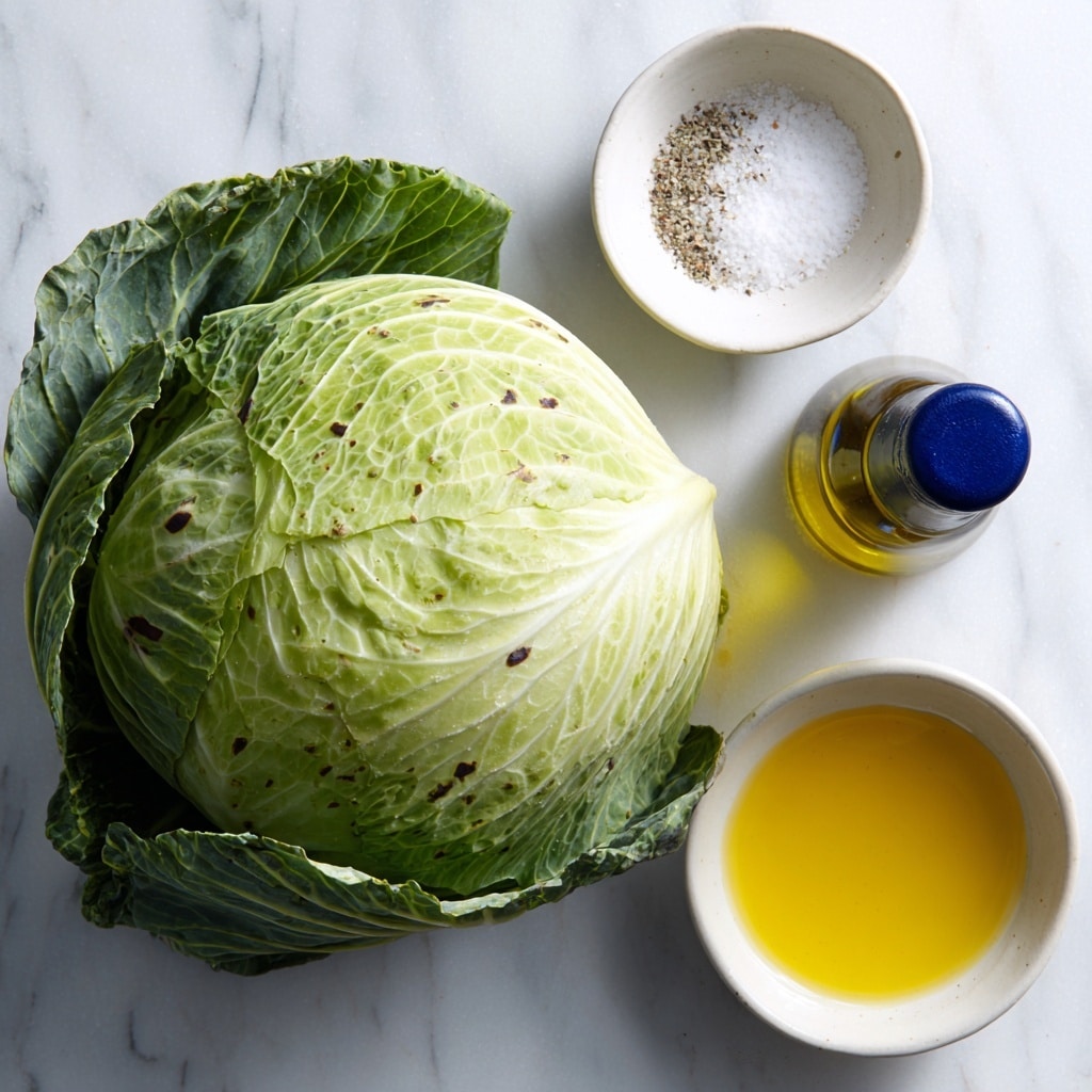 A whole head of white cabbage with green outer leaves, showing some small dark spots and natural texture, is placed on the left side of a white marbled surface. To the right of the cabbage, there are three items arranged vertically: a small white bowl at the top containing white salt, a medium bottle of black pepper with a blue cap in the middle, and a medium white bowl at the bottom filled with golden olive oil. The scene is bright and clean, with natural lighting highlighting the textures and colors clearly. photo taken with an iphone --ar 4:5 --v 7