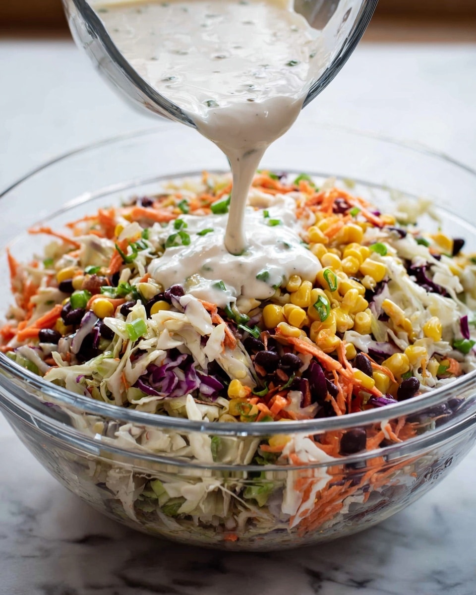 A clear glass bowl is filled with a colorful vegetable salad showing many layers and textures. The salad’s main layer has shredded white and purple cabbage, bright orange carrot slices, yellow corn kernels, black beans, and finely chopped green onions spread evenly. Above the salad, creamy white dressing is being poured from a clear measuring cup, creating a soft flowing texture that contrasts with the crunchy vegetables below. The bowl sits on a white marbled surface. photo taken with an iphone --ar 4:5 --v 7