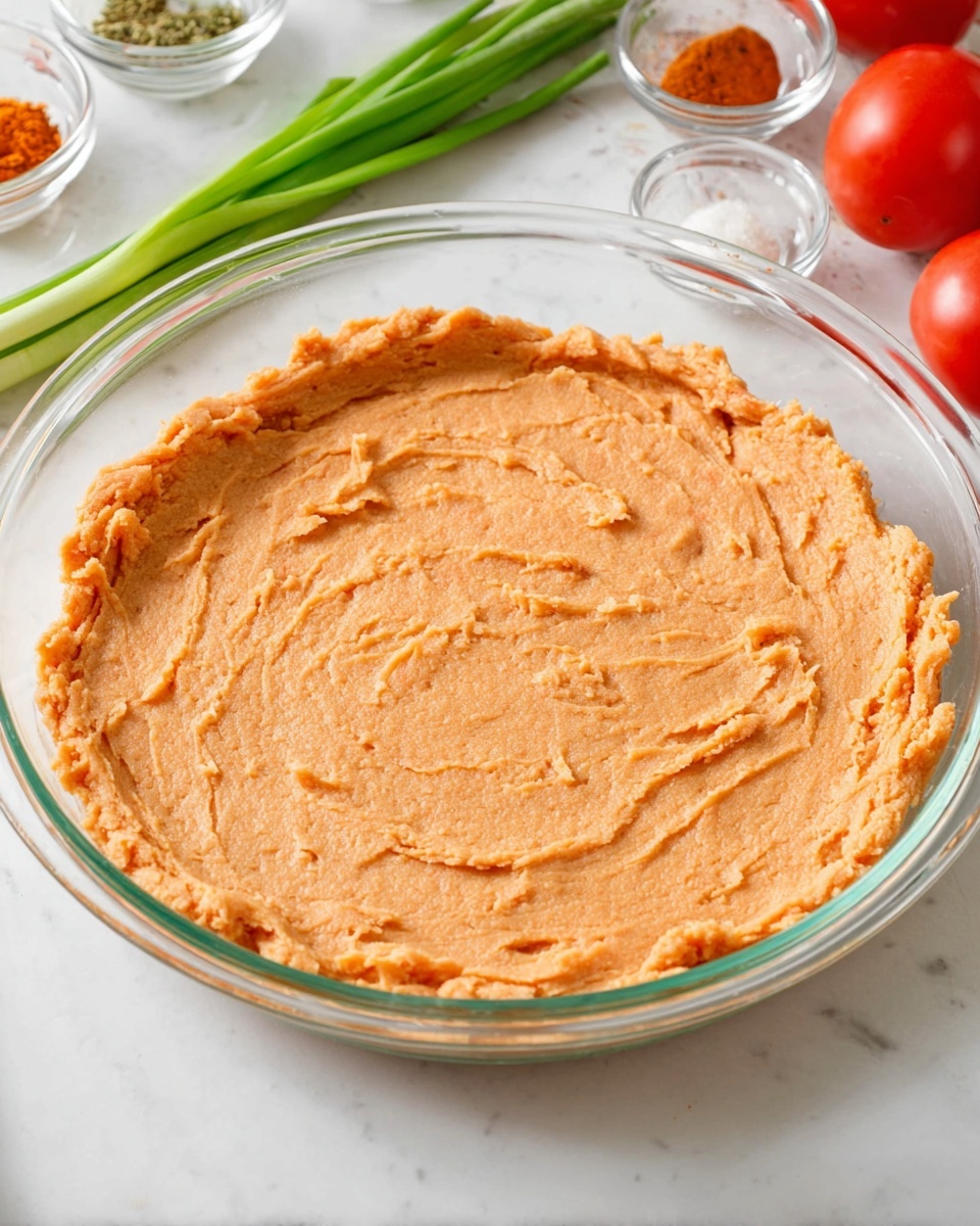 A single layer of smooth, light orange dough is spread evenly in a clear glass pie dish, filling it almost to the edges. The dough has a soft, slightly textured surface with visible swirls made by a spreading tool. The pie dish is sitting on a white marbled counter, with various fresh ingredients like whole tomatoes, green onions, and small bowls of spices and herbs blurred in the background. Photo taken with an iphone --ar 4:5 --v 7
