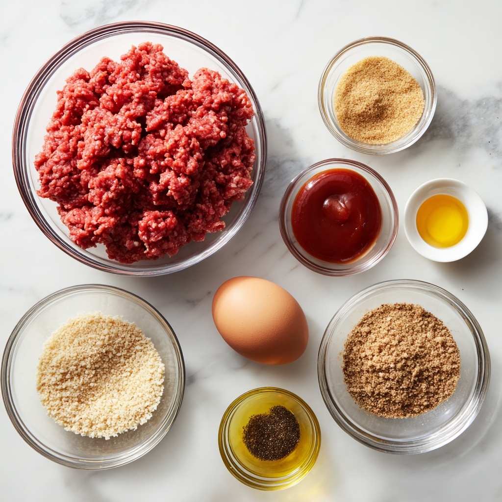 A clear glass bowl filled with red ground beef sits on the left side of a white marbled surface, with smaller clear glass bowls arranged to its right and below. These bowls contain beige breadcrumbs, bright red ketchup, a brown egg, a small amount of white onion powder, dark brown Worcestershire sauce, light yellow olive oil, tan mustard, black pepper, and light brown seasoning salt. Each bowl's contents show their different textures, such as the smooth liquid ketchup, the coarse breadcrumbs, and the grainy spices. The ingredients are evenly spaced and labeled in bold black and white text just above each bowl. Photo taken with an iphone --ar 4:5 --v 7