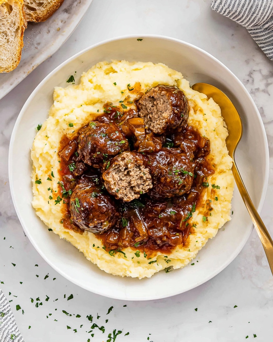 A white round plate holds a dish with two main layers. The bottom layer is creamy mashed potatoes, pale yellow with a smooth, slightly whipped texture spread evenly around the plate’s edge. On top, there are several brown meatballs covered in dark brown sauce with visible chunks of onions, giving a glossy and thick look. One meatball is cut open, showing a dense, cooked brown inside. The dish is garnished with small green herb pieces scattered over the top and around the plate. A gold spoon rests on the plate’s right side, and the whole scene sits on a white marbled surface with some green herb sprinkles nearby. photo taken with an iphone --ar 4:5 --v 7