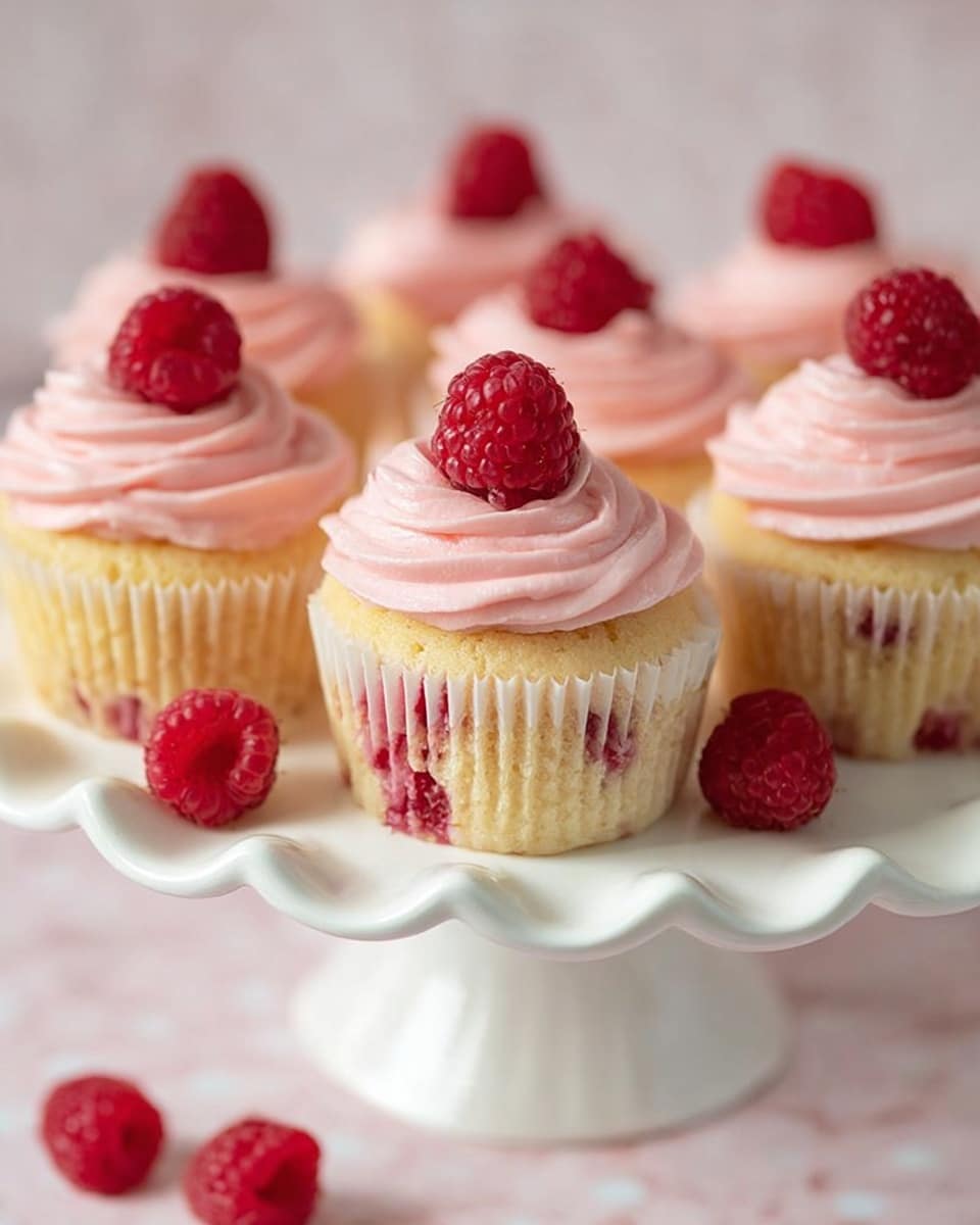 The image shows six cupcakes on a white cake stand with a wavy edge, set on a white marbled texture surface. Each cupcake has one layer of light yellow cake with visible red raspberry pieces inside, topped with a thick swirl of smooth pink frosting. One fresh raspberry sits on top of each frosting swirl. Around the cake stand, there are four loose raspberries scattered. The overall look is soft and inviting with a mix of light yellow, pink, and red colors. photo taken with an iphone --ar 4:5 --v 7