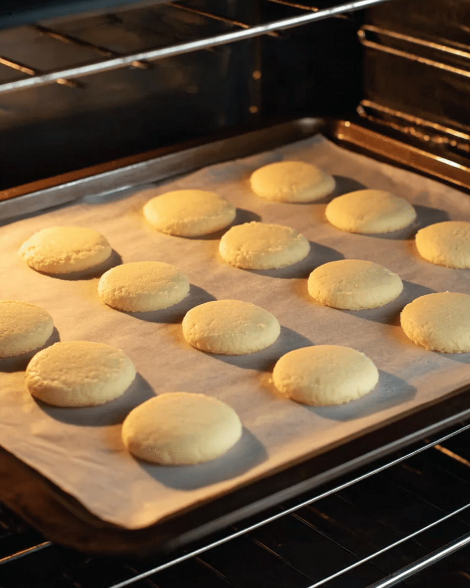 A baking tray lined with parchment paper holds sixteen evenly spaced, round, pale golden cookies. The cookies are smooth on top, with a slightly domed shape and a light, soft texture. The tray is inside an oven, visible through the open oven door, and the light from the oven gives a warm glow on the cookies. The background shows parts of the oven racks in a dark metallic color. photo taken with an iphone --ar 4:5 --v 7