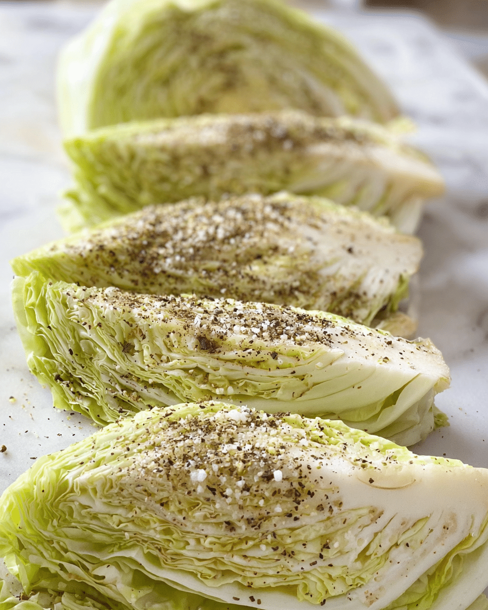 The image shows four thick wedges of pale green cabbage arranged in a row on a white marbled surface. Each wedge reveals tightly packed layers of light green and creamy white cabbage leaves. The top of each wedge is generously sprinkled with coarse salt and cracked black pepper, adding texture with small dark and white grains. The background is softly blurred, drawing attention to the seasoned cabbage wedges in the foreground. Photo taken with an iphone --ar 4:5 --v 7