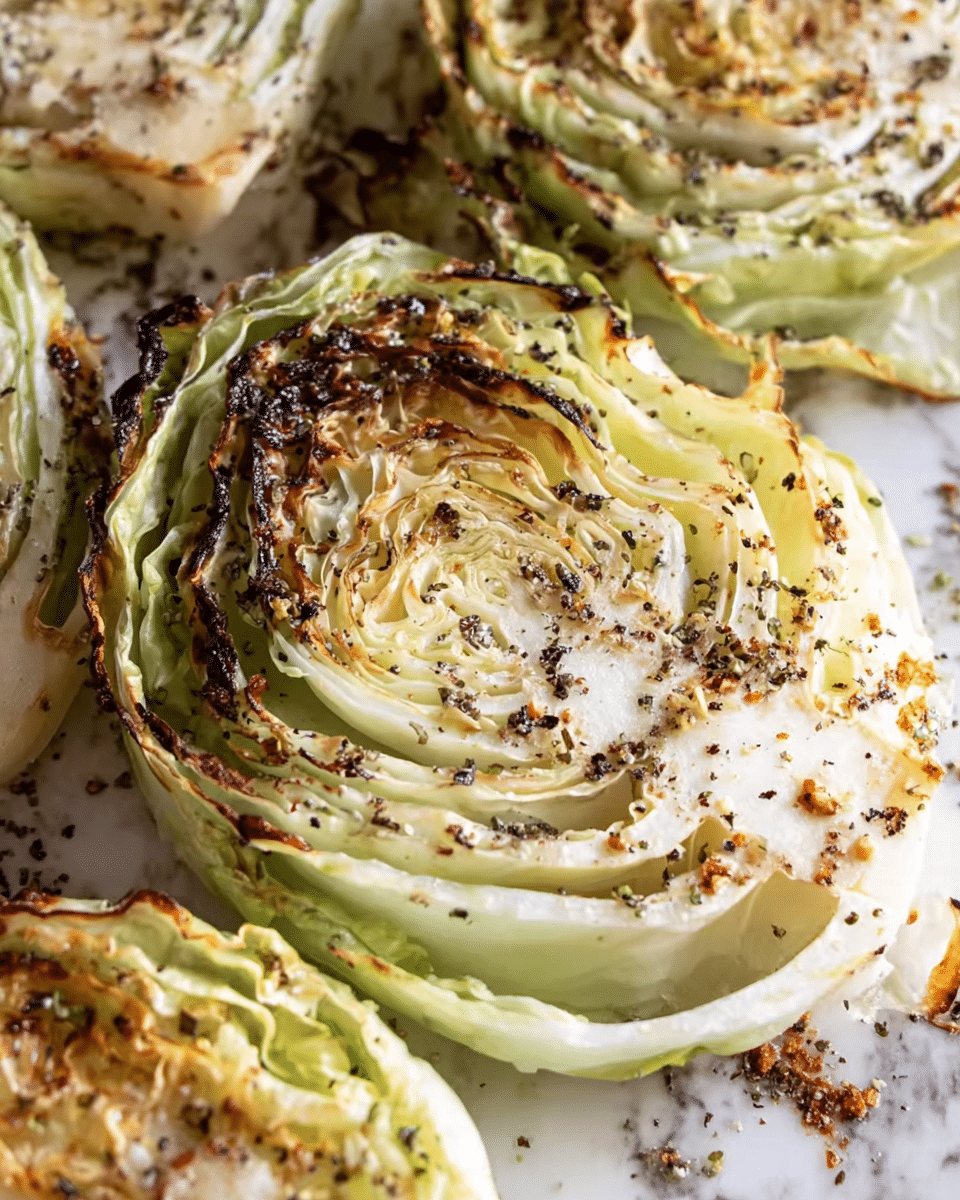 The image shows several pieces of roasted cabbage slices arranged close together on a white marbled surface. Each cabbage slice has many layers visible, with pale green and white colors that turn golden brown on the edges due to roasting. The outer layers are darker, slightly charred, and crisp, while the inner layers appear softer and light green. The surface of the cabbage is sprinkled with coarse black pepper and other seasoning flakes that add texture and color contrast. The overall look is warm and inviting with a mix of crisp and tender textures. photo taken with an iphone --ar 4:5 --v 7