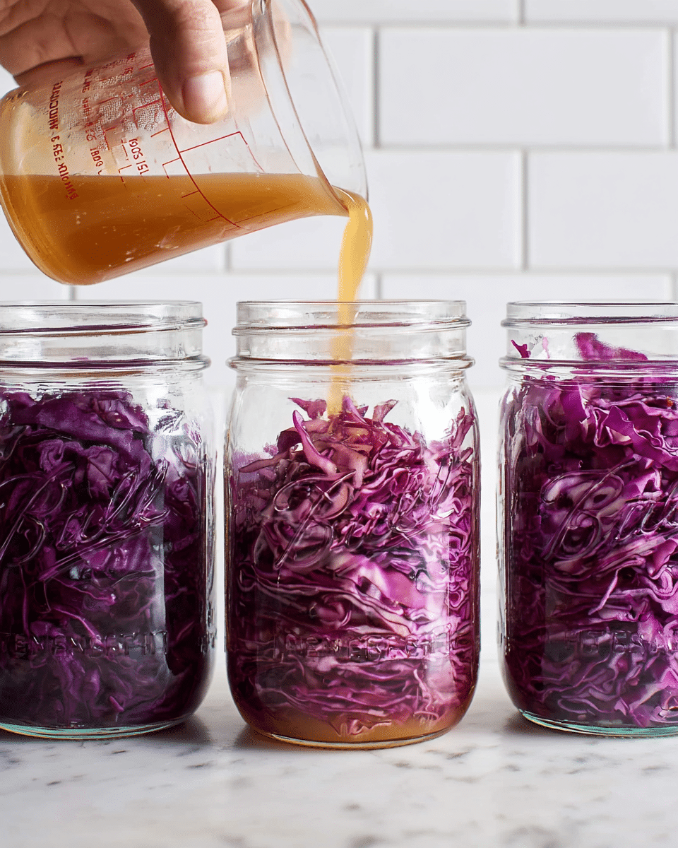 The image shows three clear glass jars filled with shredded purple cabbage, lined up on a white marbled surface. A woman’s hand is pouring a light brown liquid from a clear Pyrex measuring cup into the middle jar, causing the cabbage inside to appear wet and slightly immersed as the liquid fills the jar. The jars are placed against a white tiled wall background, and the shredded cabbage forms a textured, layered purple base visible through the glass. Photo taken with an iphone --ar 4:5 --v 7