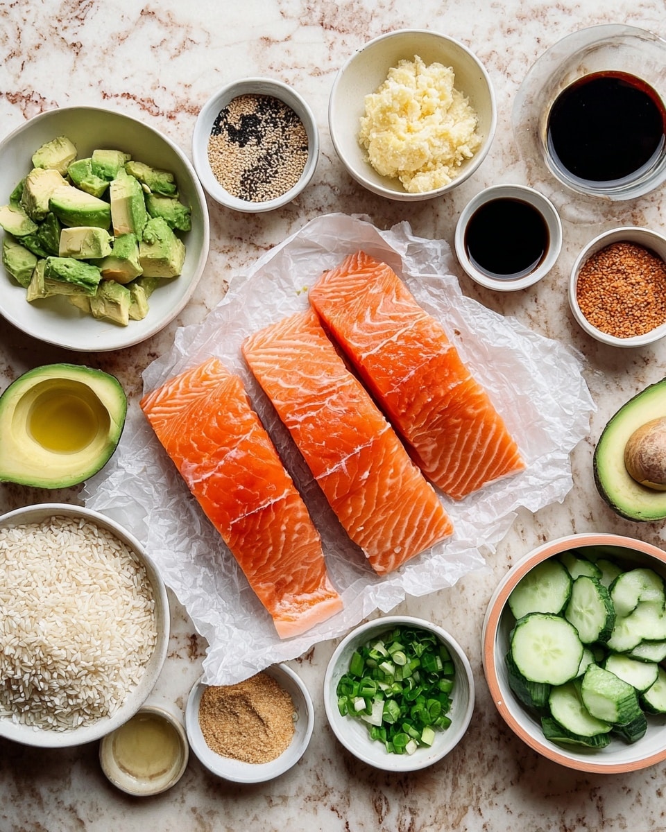 Four pieces of fresh, orange salmon fillets with visible white fat lines lie on crumpled white paper in the center on a white marbled surface. Around the salmon are small white bowls containing sliced green avocado, different chopped green onions, mashed light yellow ginger, a mix of black and white sesame seeds, light brown powder, brown paste, and a yellowish liquid. There are also white bowls with dark soy sauce, a clear liquid, minced garlic, and a bowl filled with white sushi rice. A bowl of sliced green cucumbers is also placed near the salmon. All the ingredients are neatly arranged in a circle around the salmon. photo taken with an iphone --ar 4:5 --v 7