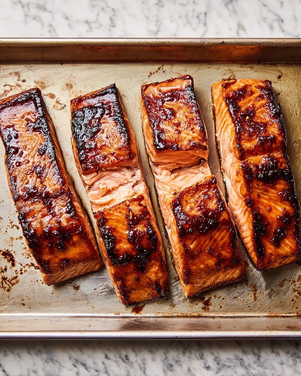 The image shows four grilled salmon fillets placed side by side on a metal baking tray. Each fillet has a shiny, glazed, golden-brown surface with dark grill marks and some caramelized edges, adding texture and depth to the salmon. The inside of the fillets shows a lighter pink color, indicating tenderness. The tray has some baked-on juices and slight charring around the fillets. The background features a white marbled texture. photo taken with an iphone --ar 4:5 --v 7