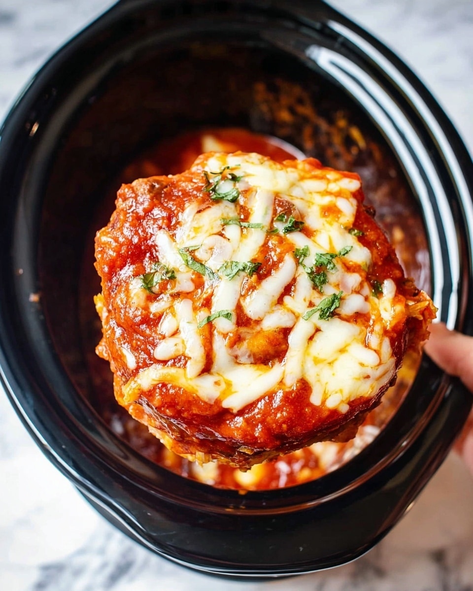 The image shows a close-up of three thick round slices of eggplant covered in bright red tomato sauce and melted white cheese, scattered with small green herb pieces. The eggplants have a dark purple edge and a soft, soaked inside texture under the sauce and cheese layers. A black spatula lifts one slice, showing the layers clearly. The dish is inside a dark pot and the background is a white marbled texture. photo taken with an iphone --ar 4:5 --v 7