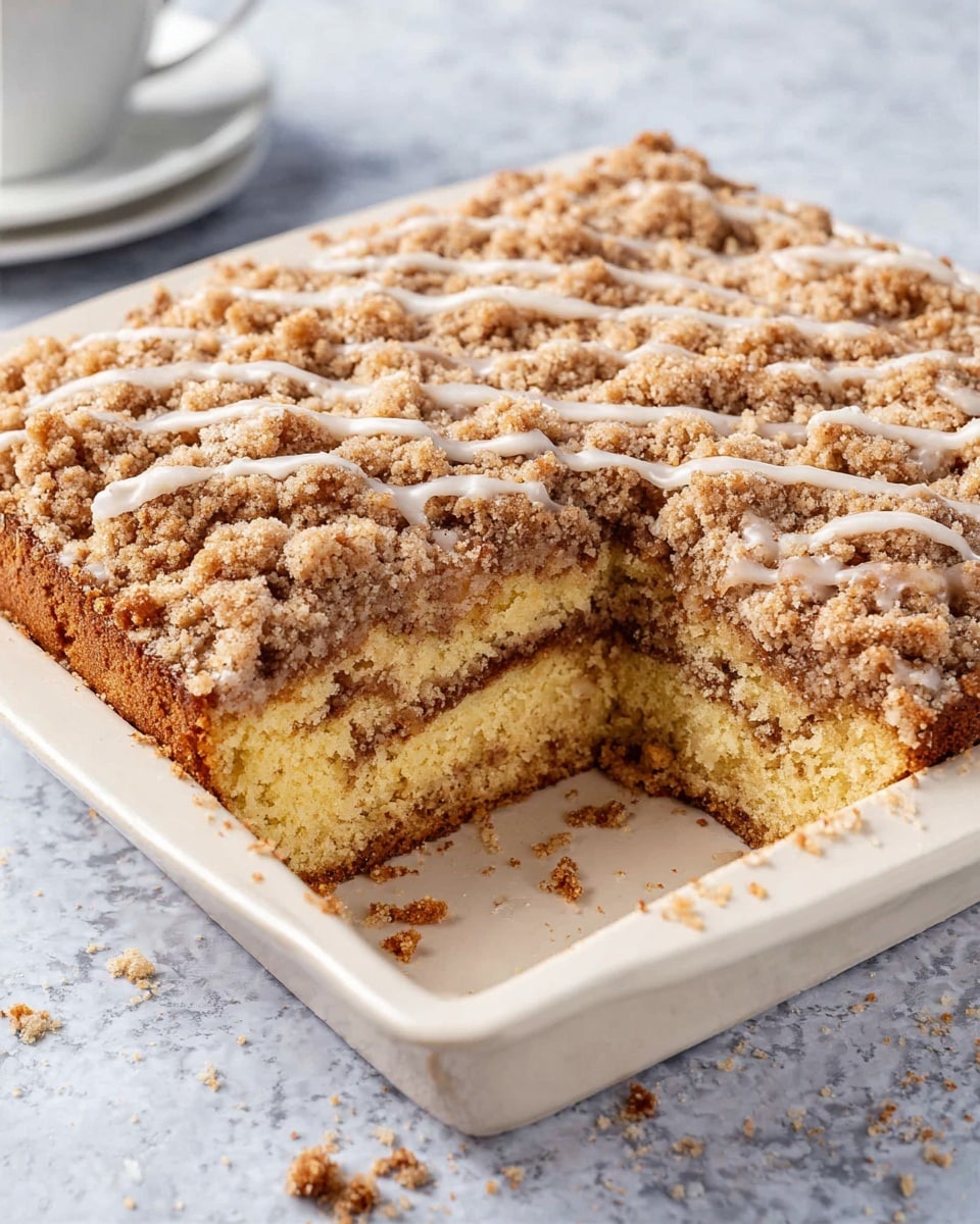 A square white ceramic dish holds a two-layer crumb cake with a section missing to show the inside. The bottom layer is light yellow and soft with a thin middle layer of cinnamon-colored filling. The top is thickly covered with a golden brown crumb topping that has a rough texture and is drizzled lightly with white icing. The dish sits on a white marbled surface with some crumbs scattered around it. Photo taken with an iphone --ar 4:5 --v 7