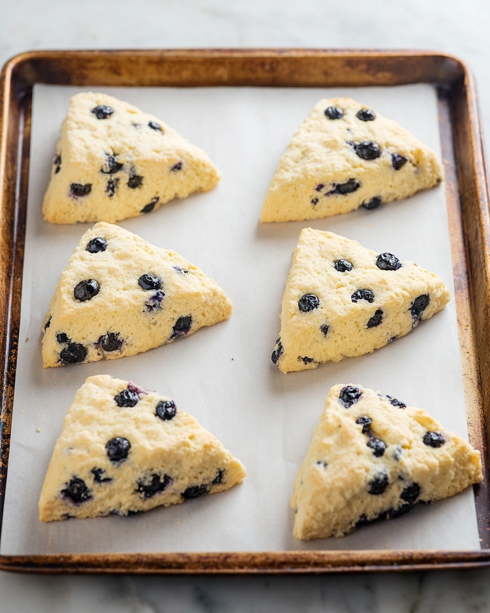 Eight triangle-shaped blueberry scones are placed on a sheet of white parchment paper on a rusty baking tray. Each scone has a light golden dough with a crumbly texture and is dotted with small, round dark blueberries evenly spread throughout. The scones are arranged in two rows with four pieces in each row, spaced apart from each other. The baking tray sits against a white marbled background. photo taken with an iphone --ar 4:5 --v 7