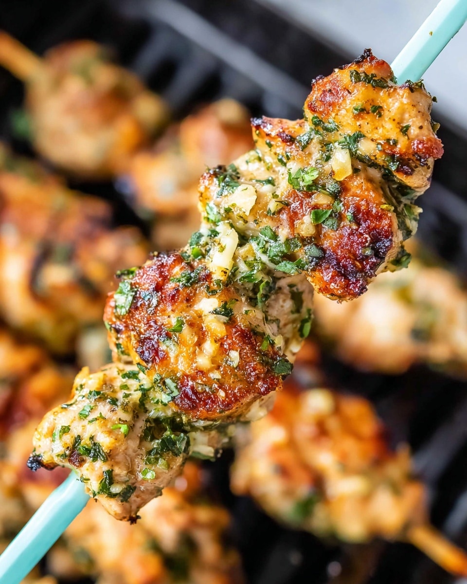 A close-up view of a grilled skewer with several pieces of golden-brown chicken covered in a layer of chopped green herbs and white garlic bits, giving the surface a textured, slightly crispy look. The skewer is held by a pair of light blue tongs against a blurred background showing more similar skewers grilling on a black grill grate, all set on a white marbled surface. The overall colors include warm tones from the cooked chicken mixed with fresh green herb flecks and white garlic, showing a rich and savory texture photo taken with an iphone --ar 4:5 --v 7