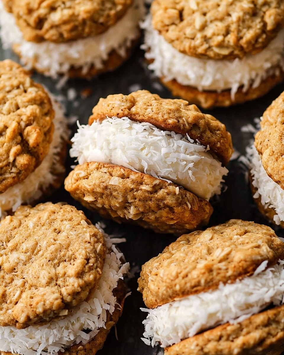 The image shows a round dark metal tray with a handle, holding seven oatmeal and coconut cookie sandwiches arranged closely together. Each cookie sandwich has two light golden-brown oatmeal cookies with a rough texture, joined by a thick white cream layer in the middle, some of which have shredded coconut sticking out from the edges. The tray sits on a surface with a white marbled texture. In the background, there is a glass of milk and an additional cookie sandwich blurred out. Photo taken with an iphone --ar 4:5 --v 7