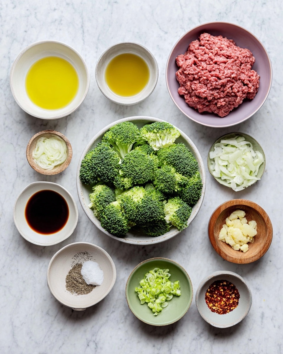 A flat lay of various raw ingredients arranged on a white marbled surface, featuring one large light purple bowl with raw ground meat and one large white bowl filled with fresh green broccoli florets at the center. Surrounding them are small white bowls containing different liquids like a yellow oil, light brown sauce, and dark soy sauce. There are also small piles of finely chopped onions in a small wooden bowl, minced garlic and ginger in light green and white ceramic bowls, and small dishes with salt, pepper, and red chili flakes placed neatly around. Each item is clearly separated, showing fresh textures and natural colors, photo taken with an iphone --ar 4:5 --v 7
