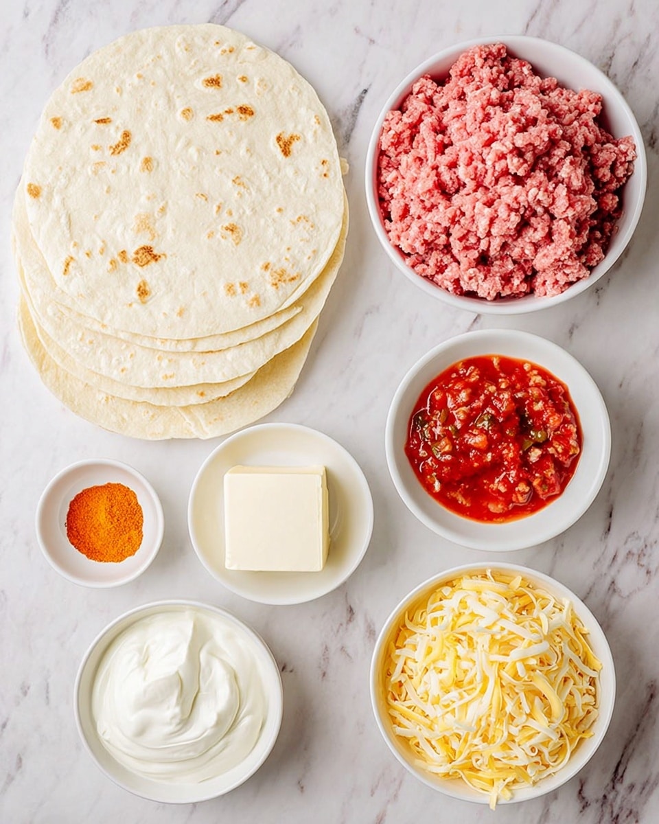 The image shows six separate items laid out on a white marbled surface. On the left, there is a stack of three large, round, soft white tortillas with some light brown spots scattered across their surface. To the right, there is a white bowl filled with raw ground meat, bright pink with visible texture. Below it, there is a small white dish holding a pile of fine, bright orange powder. Next to this, there is a white bowl containing chunky red salsa with bits of vegetables visible inside. Beneath the salsa, a white bowl is filled with creamy white sour cream with a thick and smooth texture. In the middle, there is a small dish with a square block of cream cheese, white and smooth. Lastly, at the bottom right, a white bowl holds a generous amount of shredded yellow cheese. Photo taken with an iphone --ar 4:5 --v 7