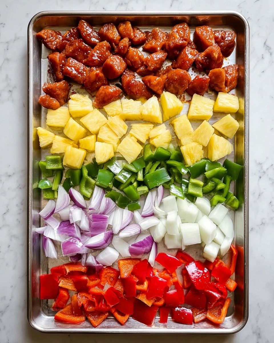 A metal baking tray on a white marbled surface holds five horizontal layers of ingredients, arranged neatly in rows. The top layer has many pieces of reddish-brown marinated chicken chunks with a shiny texture. Below them, there is a row of bright yellow pineapple chunks, cut into cubes and wedges. The middle layer contains pieces of white onion with purplish edges, showing a smooth and layered texture. Underneath, there is a layer of green bell pepper pieces, cut into uneven squares and showing a fresh, glossy surface. The bottom layer has red bell pepper pieces, also cut into small chunks with vibrant colors and a juicy look. Photo taken with an iphone --ar 4:5 --v 7