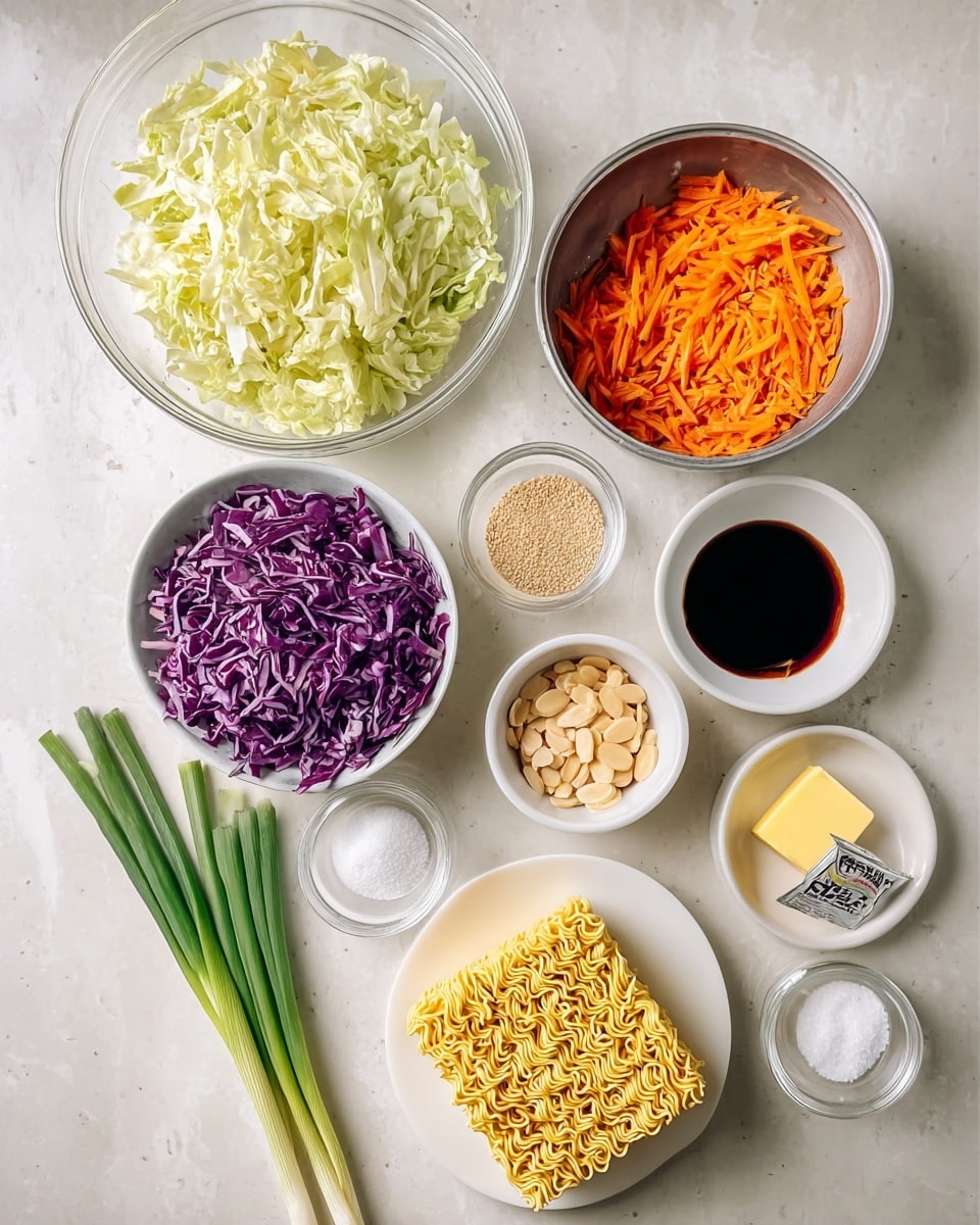 The image shows various ingredients placed neatly on a white marbled surface. At the top left, there is a large clear glass bowl filled with chopped light green cabbage. Below it, a white bowl contains chopped purple cabbage. To the right, a metal bowl holds shredded bright orange carrots. Next to it, a small white bowl is filled with sliced light brown almonds. A white plate at the bottom right holds a square block of uncooked yellow instant noodles with a silver seasoning packet on top. Surrounding these, smaller white bowls contain clear liquid, granulated white sugar, dark soy sauce, white sesame seeds, and a pat of pale yellow butter. At the bottom left, three fresh green onions lie on the surface. The organization is simple and clean with a top-down view. Photo taken with an iphone --ar 4:5 --v 7