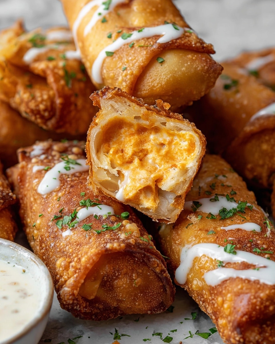 The image shows several golden brown fried rolls with a crispy texture, some drizzled with a white creamy sauce and sprinkled with fresh green herbs. One of the rolls is broken open in the center, revealing the soft, creamy inside filling that is orange with small white chunks. The rolls are arranged on a surface with a white marbled texture, and a portion of a white bowl with a white creamy sauce can be seen on the left side. The overall look is warm and inviting. photo taken with an iphone --ar 4:5 --v 7