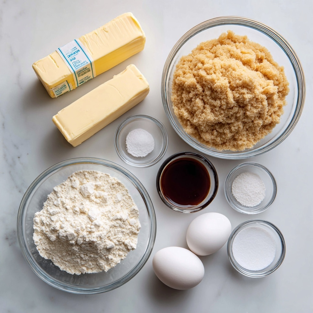 The image shows baking ingredients placed on a white marbled surface. At the center, there is a glass bowl filled with light brown, soft, crumbly sugar. To its left, two sticks of light yellow butter wrapped in paper marked with blue letters sit parallel. Below the butter, a small glass bowl contains dark brown vanilla extract. Two white whole eggs are placed near the bottom. To the right, a large glass bowl holds white flour, and near it are two small glass bowls with white powdery substances, likely baking soda and salt. The arrangement is neat and spaced evenly. Photo taken with an iphone --ar 4:5 --v 7