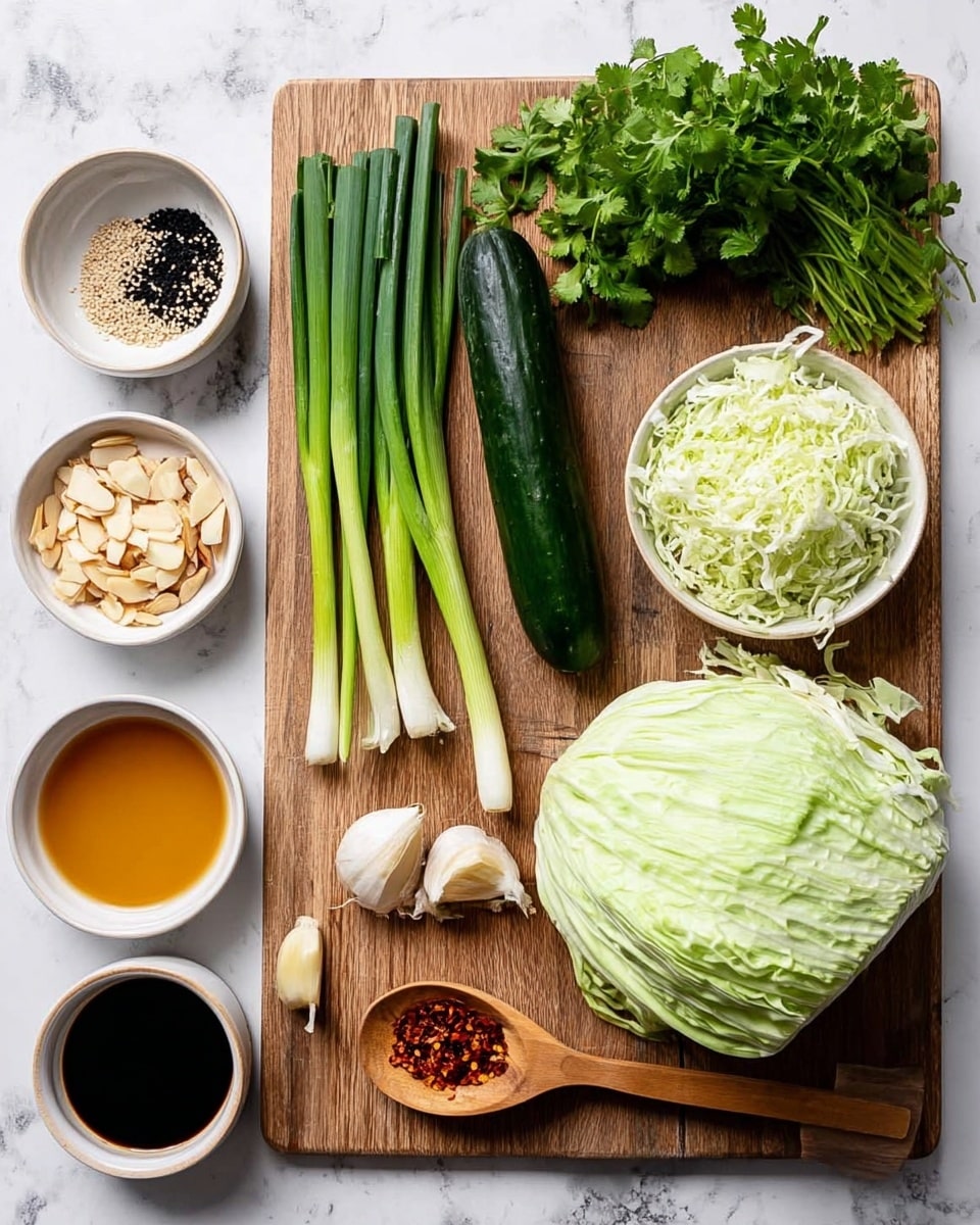 The image shows fresh ingredients placed on a wooden cutting board over a white marbled surface. There are five long green onions, a bunch of fresh green cilantro on the left, one long dark green cucumber in the center, and a whole light green cabbage with a pile of shredded cabbage next to it on the right side of the board. Below the chopped cabbage are two garlic cloves. Surrounding the cutting board are small white bowls filled with sliced almonds, a dark amber liquid, a light golden liquid, a slightly darker golden liquid, a dark soy-like sauce, minced or crushed garlic, and black and white sesame seeds with a small wooden spoon holding red chili flakes. Photo taken with an iphone --ar 4:5 --v 7
