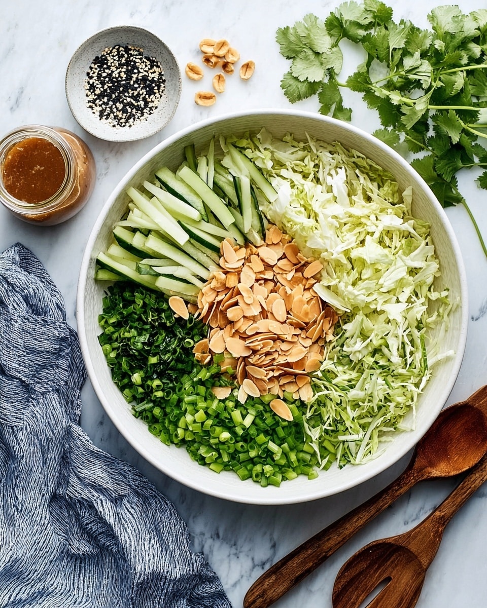 A large white bowl sits on a white marbled surface filled with five sections of fresh ingredients arranged neatly in a circular pattern. At the center are toasted almond slices in a light brown color with a slight shine, surrounded by thin green cucumber sticks on the top right, finely shredded pale green cabbage on the bottom right, bright green chopped spring onions on the bottom left, and finely chopped fresh dark green herbs on the top left. Next to the bowl are two wooden salad servers with a rich brown color and a folded blue and white striped cloth. To the left of the bowl, there is a small white jar with a brown dressing and a small light gray dish filled with black and white sesame seeds, scattered peanuts, and few cilantro leaves nearby. Photo taken with an iphone --ar 4:5 --v 7