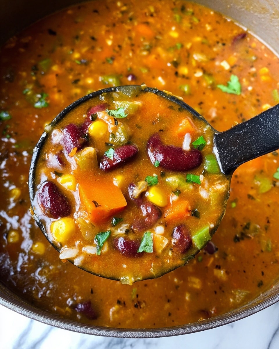 The image shows a thick soup with many layers of ingredients mixed well. There are large orange chunks that look soft, dark red kidney beans, small green peas, yellow corn, and some white grains like rice. The soup liquid is orange-brown and looks creamy with small green leaves sprinkled on top. A black ladle is holding some of the soup, showing the chunky mix clearly. The background has a white marbled texture. photo taken with an iphone --ar 4:5 --v 7