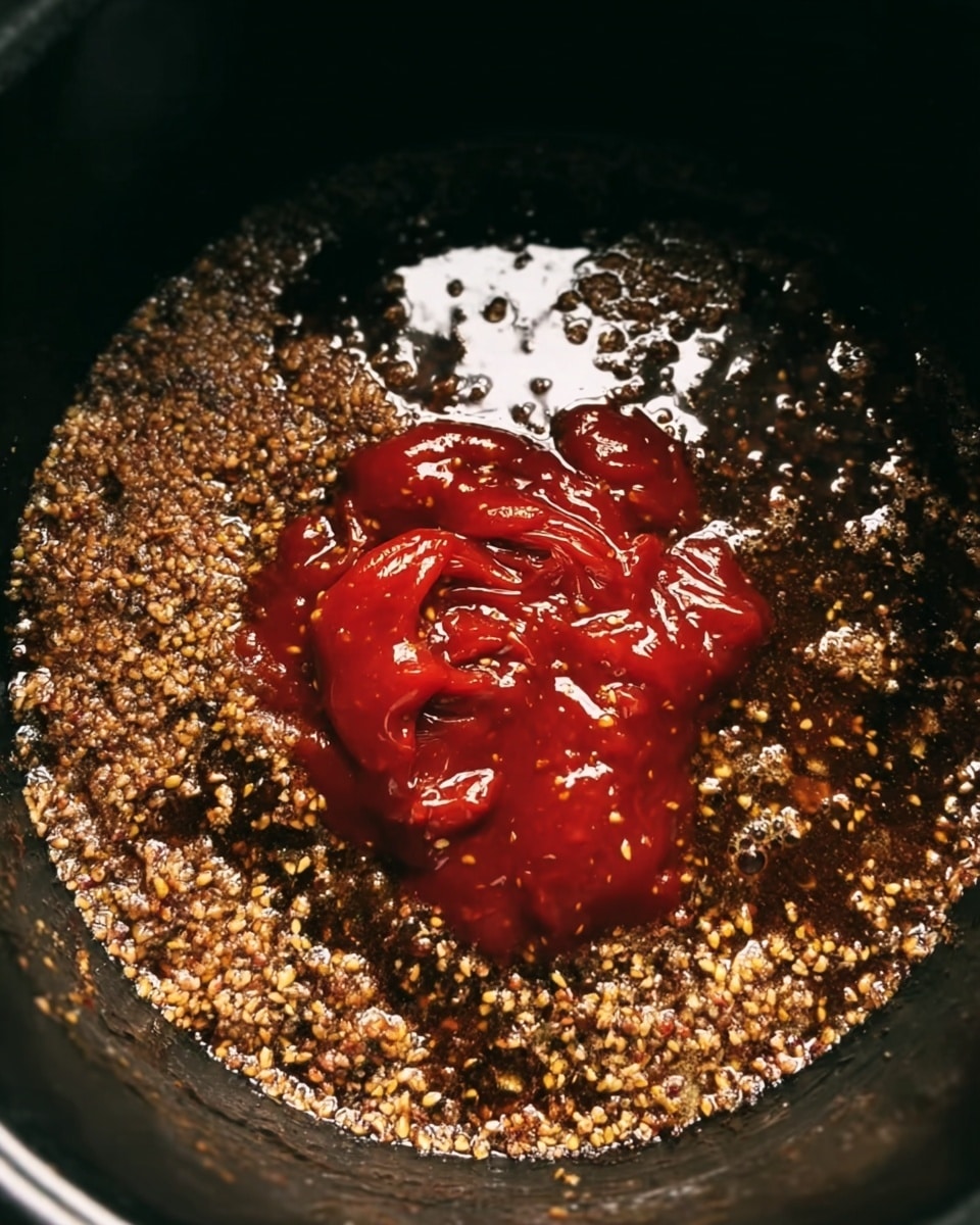 The image shows a close-up view inside a black pot filled with a dark brown liquid base mixed with finely chopped light brown pieces spread evenly. On top, in the center, there is a bright red thick sauce dolloped unevenly, creating folds and shiny glossy textures. The contrast between the dark liquid, small chopped bits, and the vibrant red sauce forms a visually striking combination. The photo taken with an iphone --ar 4:5 --v 7