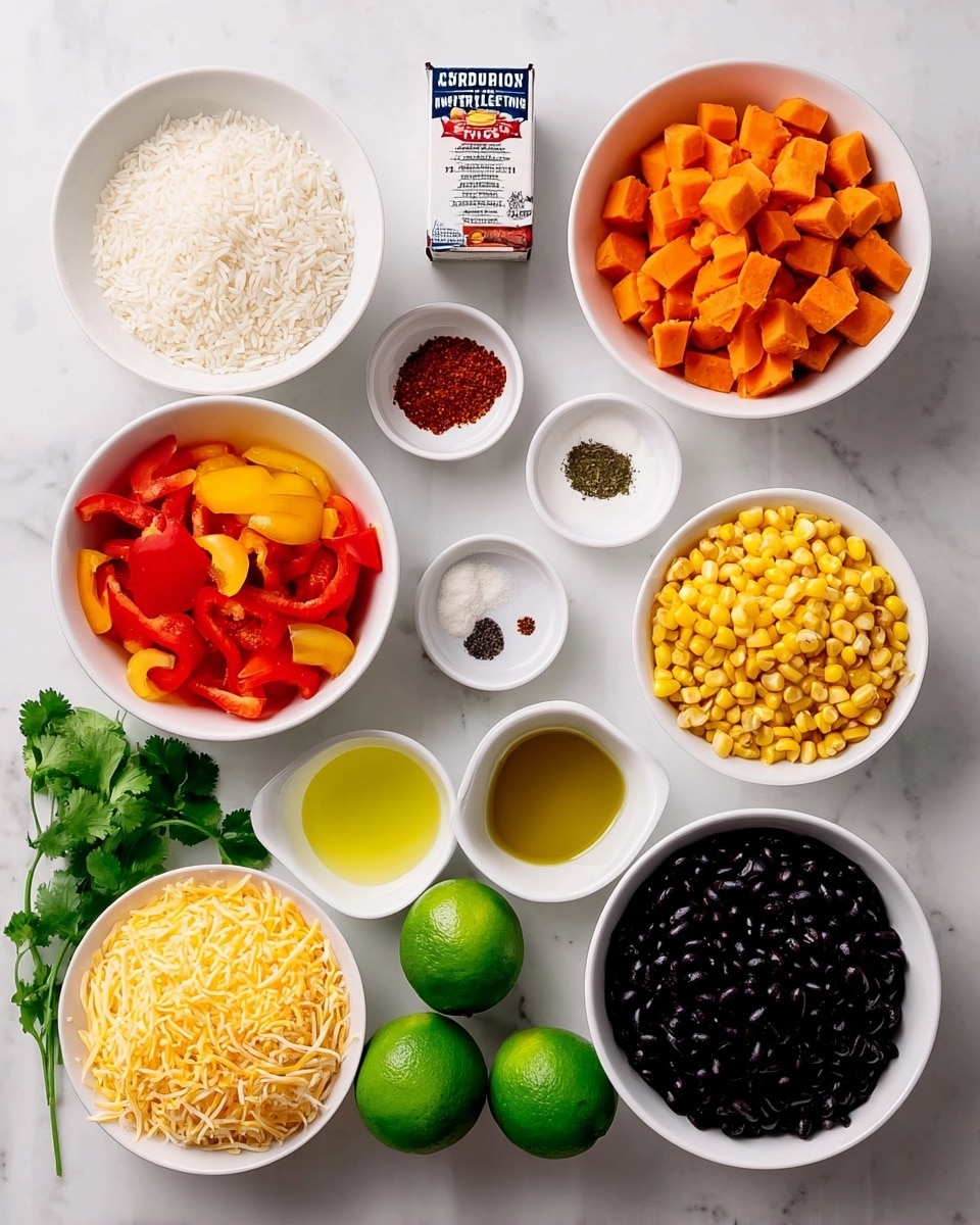 A top view of various cooking ingredients arranged on a white marbled surface. Starting from the top is a white bowl of uncooked white rice, beside it on the right is a white bowl filled with chopped orange sweet potatoes. Below the rice and sweet potatoes is a small white bowl with minced garlic. To the right of the garlic are two whole green limes and fresh green cilantro leaves resting directly on the surface. Below the garlic is a white bowl with bright yellow shredded cheese. Next to the cheese, on the surface, is a small cup of golden oil. Above the oil is a small white bowl holding different dry seasonings in separate sections: white salt, black pepper, red chili powder, and brown cumin. On the left of the oil is a white bowl with mixed red and yellow sliced bell peppers. Above the peppers is a white bowl filled with yellow corn kernels. Below the corn is a white bowl of black beans. Below the beans is a white bowl containing red diced tomatoes. A carton of chicken broth is placed next to the corn bowl on the left side. The overall arrangement is neat and evenly spaced, with vivid colors of each ingredient standing out against the clean white marbled background. Photo taken with an iphone --ar 4:5 --v 7
