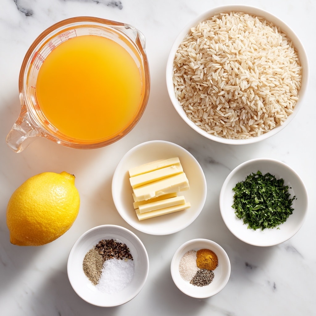 The image shows six white bowls and a glass measuring cup arranged on a white marbled surface. In the top right, a white bowl contains uncooked rice with long, thin grains, pale beige in color. To its left, a glass measuring cup is filled with bright orange chicken broth. Below the rice is a small white bowl with several sliced light yellow butter sticks stacked inside. Near the butter, a whole yellow lemon sits directly on the surface. Beneath the broth, a small white bowl holds finely chopped dark green parsley. To the left of the parsley, another white dish has small piles of black pepper and white salt on it. Below the salt and pepper dish is a small white bowl with an assortment of different light-brown and green seasonings arranged in three sections inside. The entire setup looks clean, simple, and fresh. Photo taken with an iphone --ar 4:5 --v 7