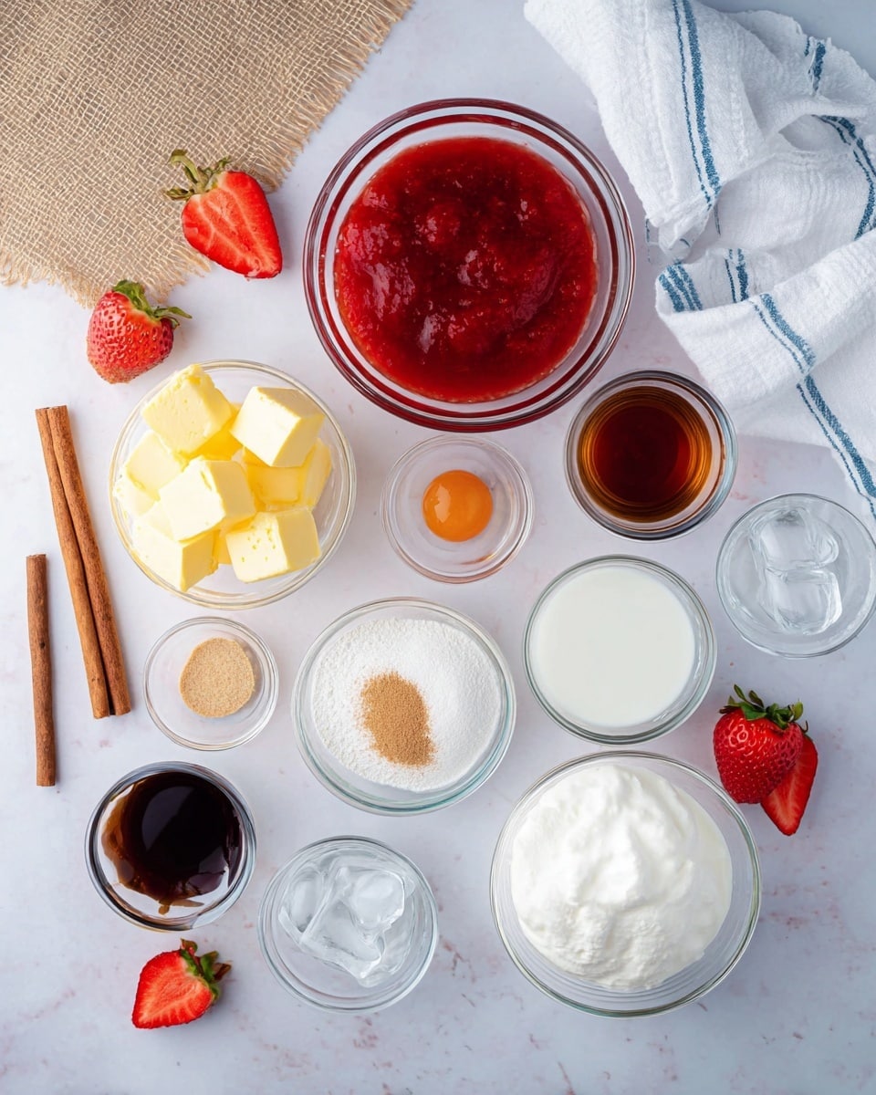 The image shows an overhead view of ingredients arranged neatly on a white marbled surface. There are nine small clear glass bowls, each with different contents: cubed yellow butter, a red strawberry sauce with bowl, a dark brown liquid, an egg yolk, white sugar, light brown powder, white powder, a clear liquid with ice, and thick white cream or cheese. Three fresh strawberry halves are placed around the bowls, with two cinnamon sticks on the left side near a beige burlap cloth. A white towel with blue stripes is on the top right corner, adding a soft texture to the setting. photo taken with an iphone --ar 4:5 --v 7