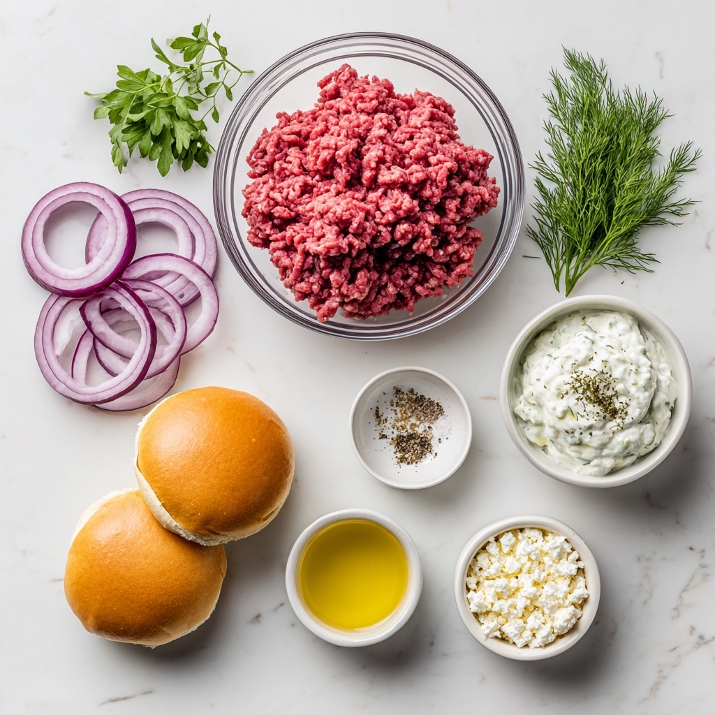 The image shows ingredients neatly arranged on a white marbled surface. On the left, there is a clear glass bowl filled with bright red lean ground beef. Below the bowl, two golden brown buns are placed side by side. At the top, thin slices of red onion are fanned out. To the right of the onion, there is a small bowl of white tzatziki sauce with visible cucumber bits. Green parsley leaves and dill sprigs lie between the sauce and the beef bowl. Further right, a small white bowl holds crumbly white feta cheese. Below the cheese, a white bowl contains pale yellow olive oil, and next to that, a smaller bowl holds a mix of light beige salt, pepper, and oregano. The scene is clean and bright with all items distinct and organized, photo taken with an iphone --ar 4:5 --v 7