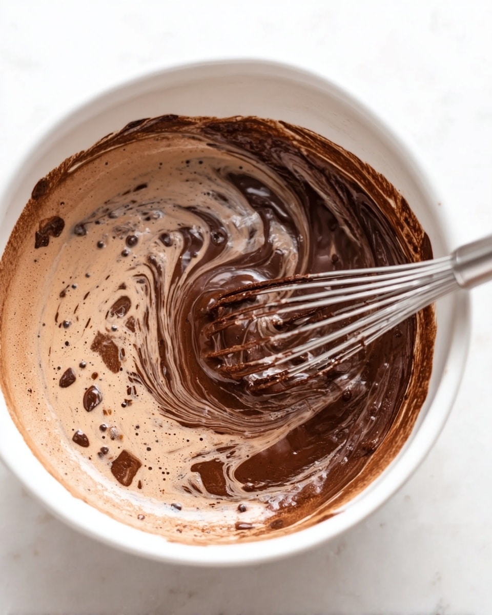 A white bowl filled with a swirl of two layers of thick liquid: a lighter brown creamy mixture mixed with a darker rich chocolate sauce. The bottom and sides of the bowl show the lighter brown creamy layer with small dark specks, while the darker chocolate sauce forms swirling patterns on top and is being stirred gently with a metal whisk. The bowl is placed on a white marbled surface. photo taken with an iphone --ar 4:5 --v 7