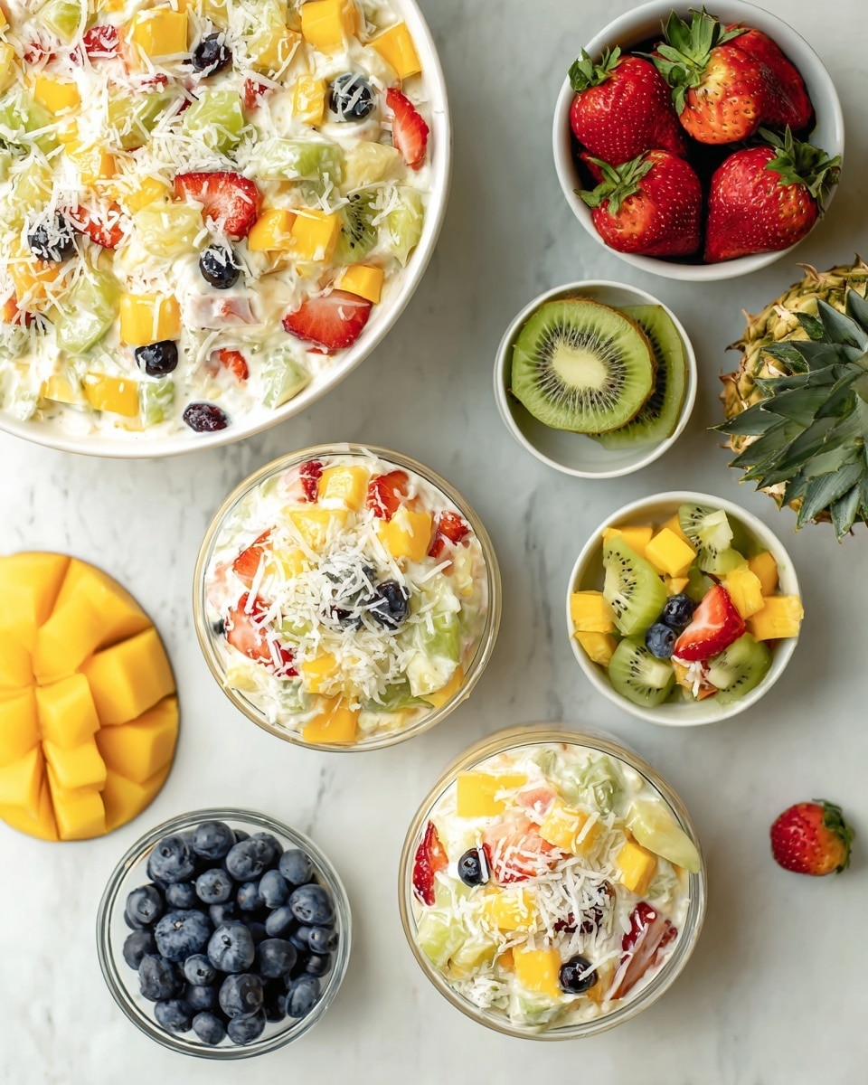 The image shows a creamy fruit salad served in a large white bowl and three smaller clear glass bowls. Each bowl is filled with a mix of diced yellow mango, green kiwi, red sliced strawberries, and whole dark blueberries combined in a creamy white base, topped with shredded coconut. The texture looks soft and smooth with small chunks of colorful fruits throughout. Next to the bowls are whole strawberries, a whole pineapple, a sliced mango, and small white bowls filled with diced kiwi and blueberries. All items sit on a white marbled surface. photo taken with an iphone --ar 4:5 --v 7