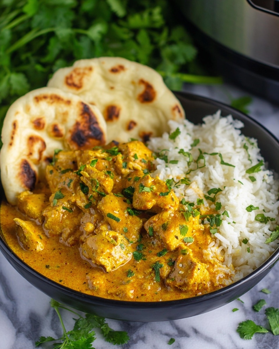 The image shows a black bowl filled with two layers: the bottom layer is white rice sprinkled with bright green chopped herbs, while the top layer has chunks of chicken covered in thick, creamy orange-yellow curry sauce with scattered herbs. A woman's hand is holding a piece of flatbread dipped into the curry, lifting it from the bowl. The bowl is placed on a white marbled surface, with some fresh green herbs visible to the side and a slow cooker in the background. Photo taken with an iphone --ar 4:5 --v 7
