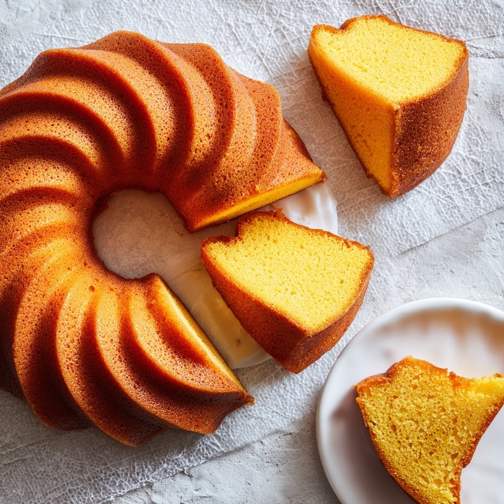 The image shows a single-layer yellow Bundt cake with a light brown baked outside. The cake has deep curved ridges that swirl around in a twisted pattern, creating a wavy texture all over. It is placed on a white marbled surface with a white parchment piece under the cake. The cake looks soft and fluffy with an even golden brown color on the edges. Photo taken with an iphone --ar 4:5 --v 7