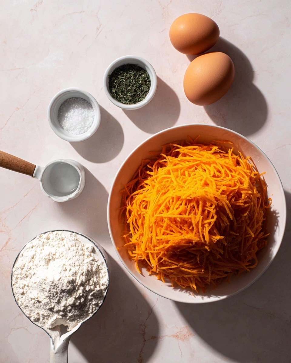 A white bowl filled with thin, bright orange shredded pieces stacked in layers, placed at the bottom right. Above the bowl, two brown eggs sit side by side on a white marbled surface. To the left of the eggs are three small white ceramic containers: the top one holds dark green dried herbs, the middle one has coarse white salt, and the bottom one is a small white measuring cup with a wooden handle filled with white flour. The scene is lit with soft natural light showing gentle shadows. Photo taken with an iphone --ar 4:5 --v 7