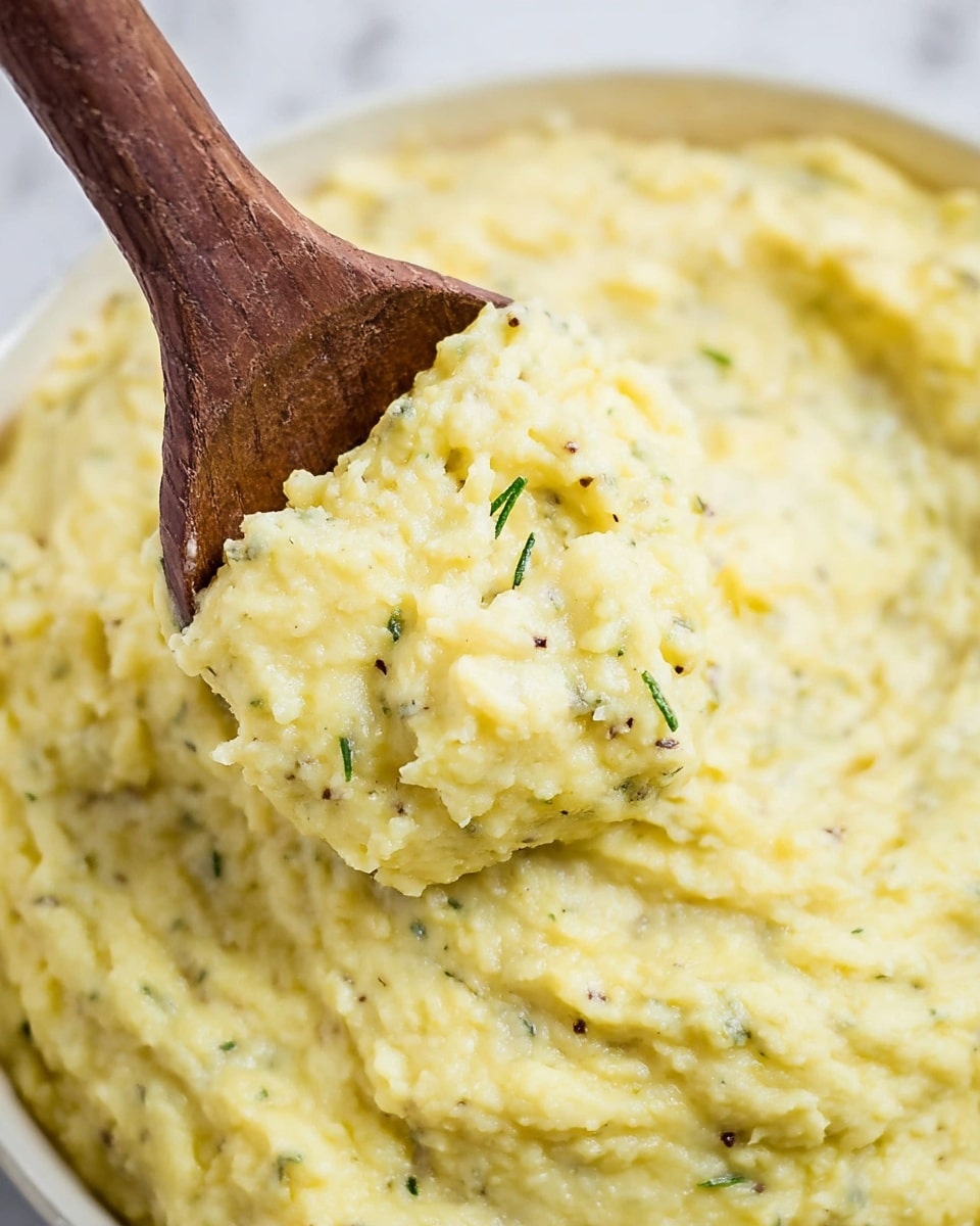 A close-up view of a creamy yellow mashed potato mixture with small bits of herbs sprinkled throughout and a rough, soft texture. A wooden spoon with a rich brown handle is scooping the thick mash, showing its smooth but slightly lumpy consistency. The mash fills a white bowl, partially visible in the background. The scene is on a white marbled surface. photo taken with an iphone --ar 4:5 --v 7